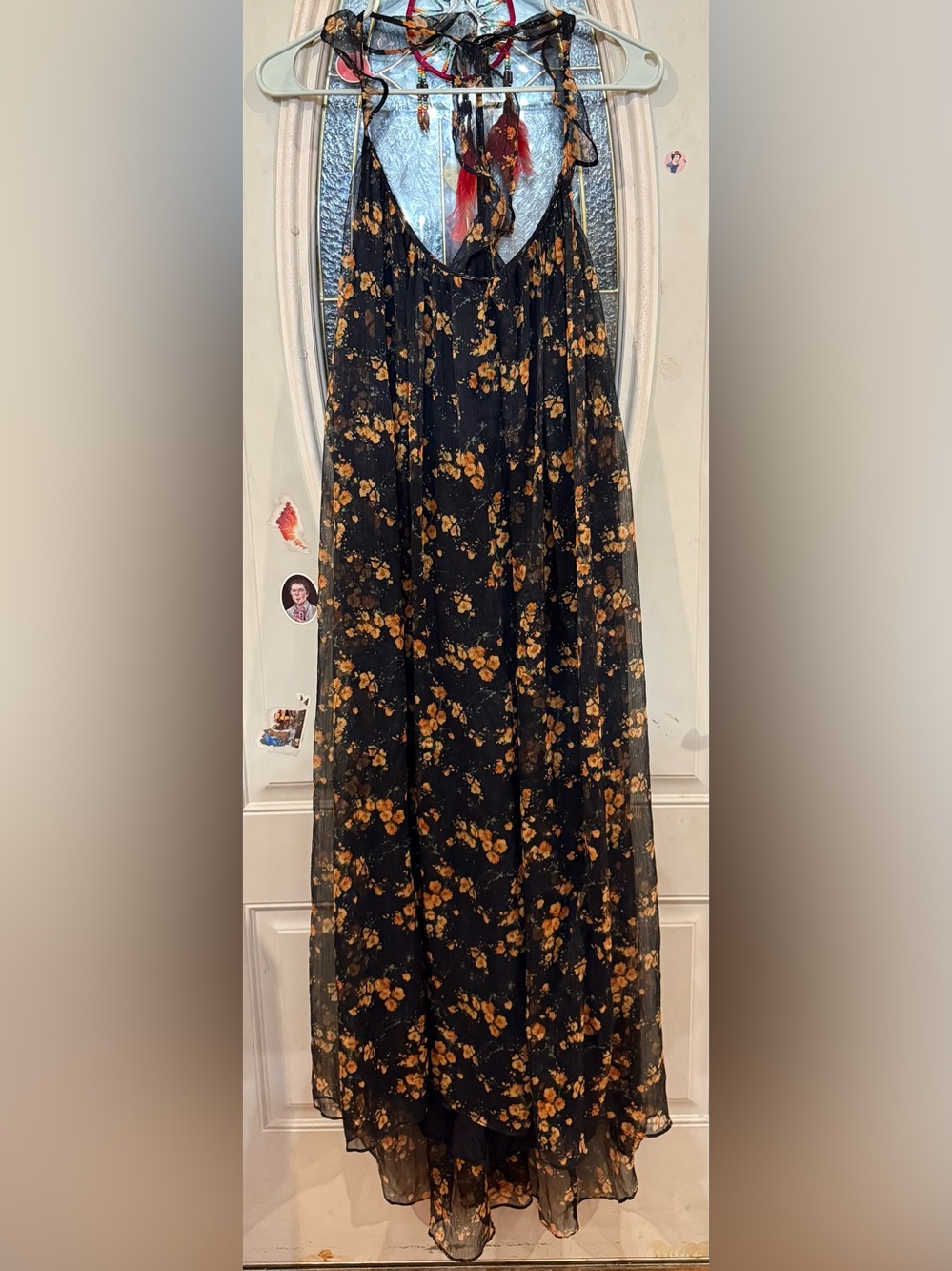 Zara Basic Floral Racer Midaxi Dress Medium Black Sheer Boho Open Back Ruffle